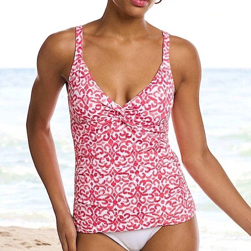 Tommy Bahama Womens Pink White Scroll Print Twist Front Tankini Top L SS100248